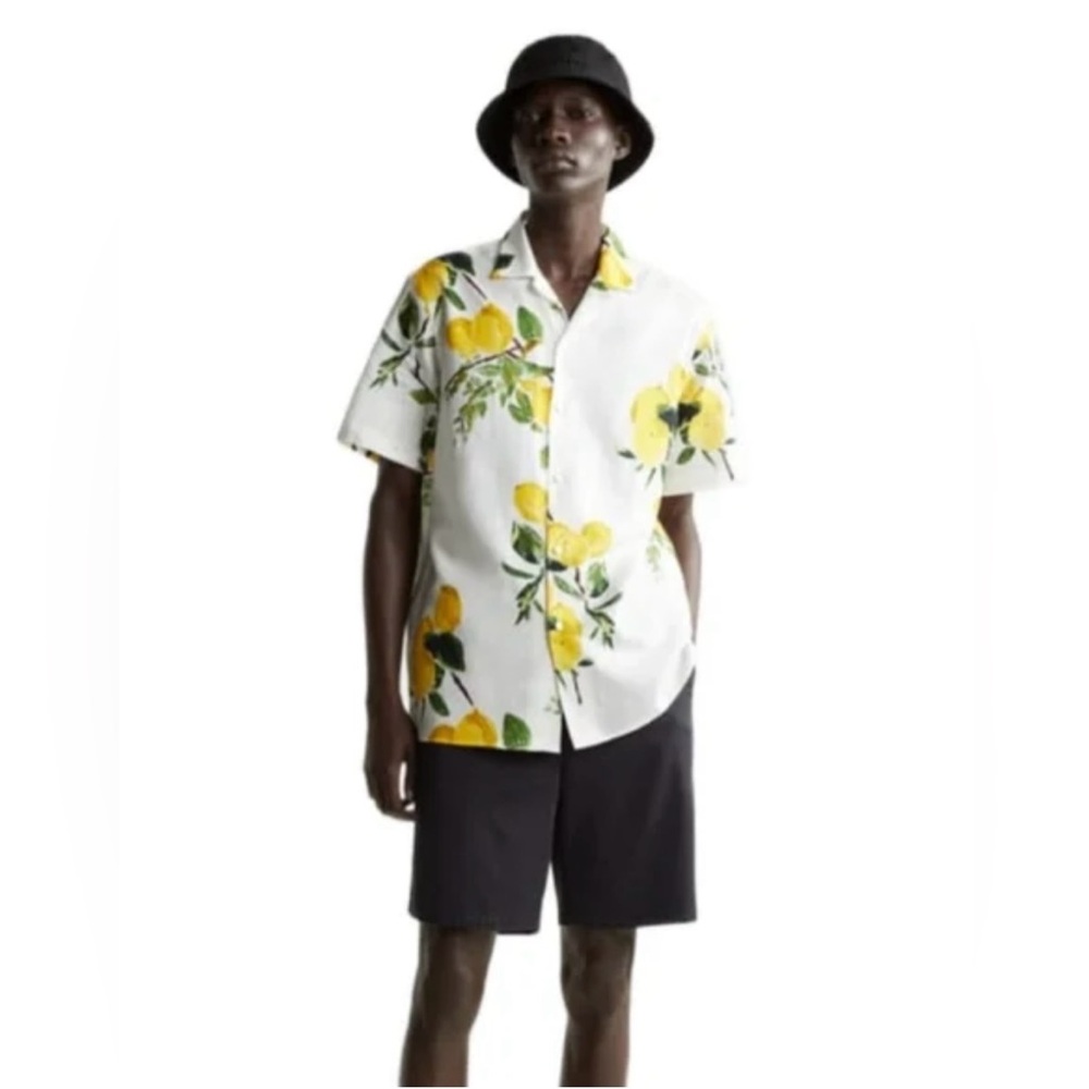 NWT Zara Men’s Linen Cotton White Lemon Print Button Up Shirt Size Sz Small S